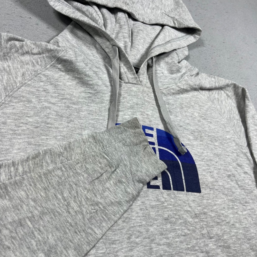 The North Face Womens Heather Gray Blue Logo Pullover Hoodie Sweatshirt L
